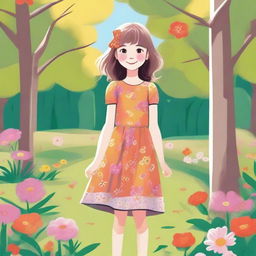 A detailed illustration of a young girl with a joyful expression, wearing a colorful dress and standing in a sunny park with trees and flowers around her