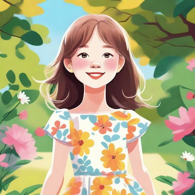 A detailed illustration of a young girl with a joyful expression, wearing a colorful dress and standing in a sunny park with trees and flowers around her