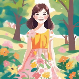 A detailed illustration of a young girl with a joyful expression, wearing a colorful dress and standing in a sunny park with trees and flowers around her