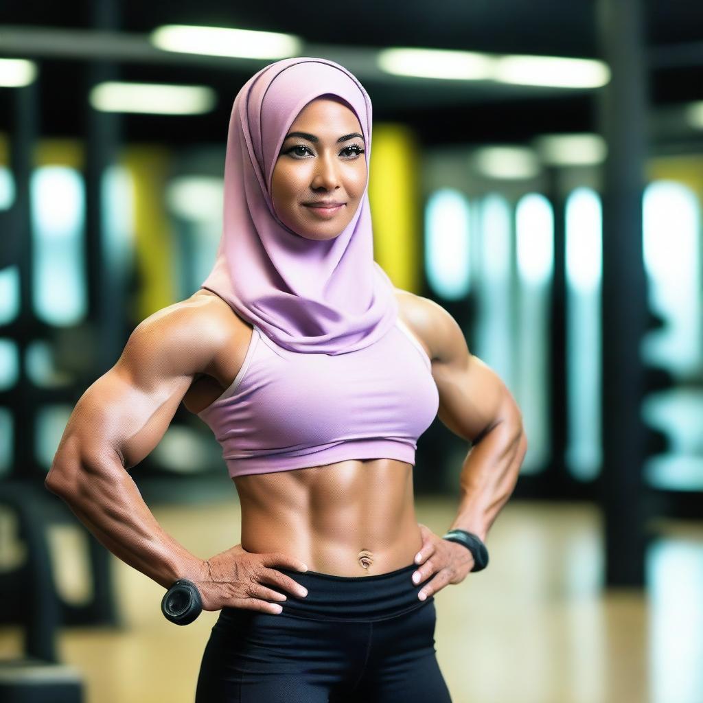 A strong Malay woman wearing a hijab, showcasing her bodybuilding physique