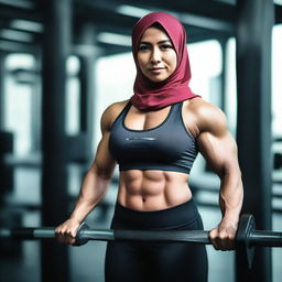 A strong Malay woman wearing a hijab, showcasing her bodybuilding physique