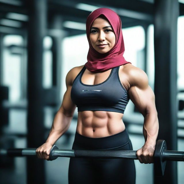 A strong Malay woman wearing a hijab, showcasing her bodybuilding physique