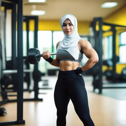 A strong Malay woman wearing a hijab, showcasing her bodybuilding physique