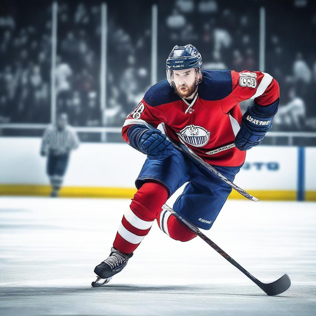 Create an image of a lean hockey player in action on the ice