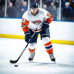 Create an image of a lean hockey player in action on the ice