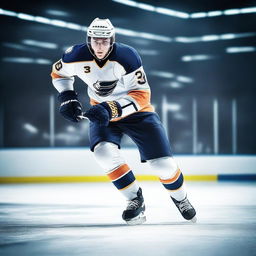 Create an image of a lean hockey player in action on the ice