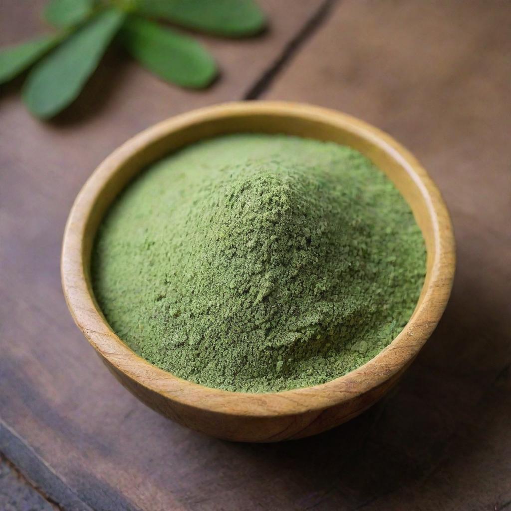 A close-up view of moringa leaf powder, with its distinctive green color and fine texture. It is presented in a small wooden bowl on a rustic wooden surface.