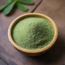 A close-up view of moringa leaf powder, with its distinctive green color and fine texture. It is presented in a small wooden bowl on a rustic wooden surface.