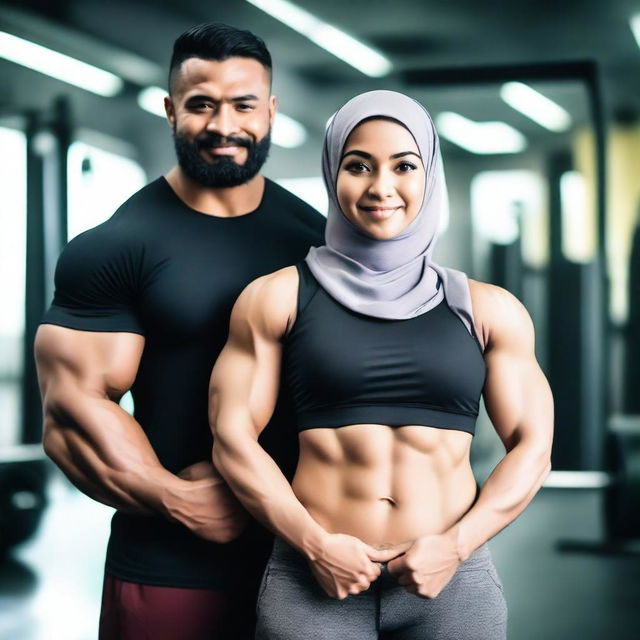 A strong Malay woman wearing a hijab, showcasing her bodybuilding physique, alongside her bodybuilder boyfriend