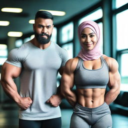 A strong Malay woman wearing a hijab, showcasing her bodybuilding physique, alongside her bodybuilder boyfriend