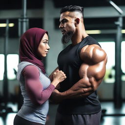 A strong Malay woman wearing a hijab, showcasing her bodybuilding physique, alongside her bodybuilder boyfriend