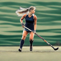 Create an image of a lean field hockey player in action on the field