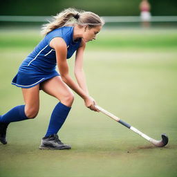 Create an image of a lean field hockey player in action on the field