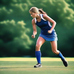 Create an image of a lean field hockey player in action on the field