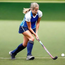 Create an image of a lean field hockey player in action on the field