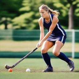 Create an image of a lean field hockey player in action on the field