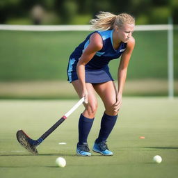 Create an image of a lean field hockey player in action on the field