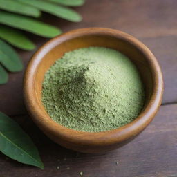 A close-up view of moringa leaf powder, with its distinctive green color and fine texture. It is presented in a small wooden bowl on a rustic wooden surface.