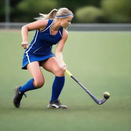 Create an image of a lean field hockey player in action on the field