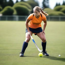 Create an image of a lean field hockey player in action on the field