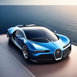 A luxurious Bugatti car transformed into a futuristic ship, gliding over the ocean with sleek lines and advanced technology