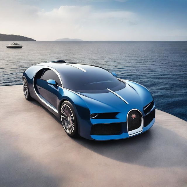 A luxurious Bugatti car transformed into a futuristic ship, gliding over the ocean with sleek lines and advanced technology