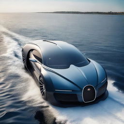 A luxurious Bugatti car transformed into a futuristic ship, gliding over the ocean with sleek lines and advanced technology