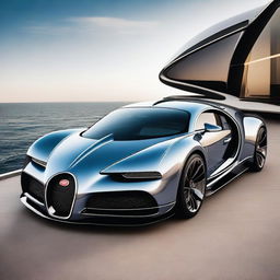 A luxurious Bugatti car transformed into a futuristic ship, gliding over the ocean with sleek lines and advanced technology