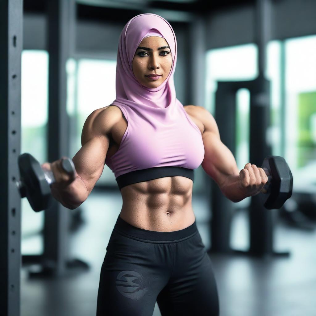 A strong Malay transgender woman wearing a hijab, showcasing her bodybuilding physique in a gym setting