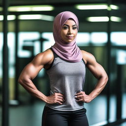 A strong Malay transgender woman wearing a hijab, showcasing her bodybuilding physique in a gym setting