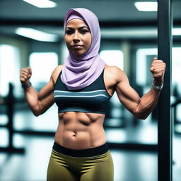 A strong Malay transgender woman wearing a hijab, showcasing her bodybuilding physique in a gym setting