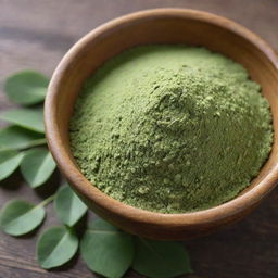 A close-up view of moringa leaf powder, with its distinctive green color and fine texture. It is presented in a small wooden bowl on a rustic wooden surface.