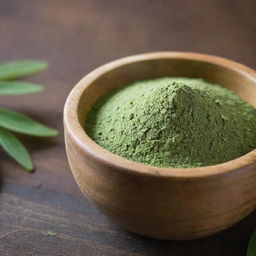 A close-up view of moringa leaf powder, with its distinctive green color and fine texture. It is presented in a small wooden bowl on a rustic wooden surface.