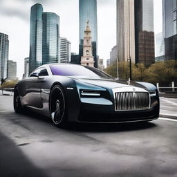 A stunning Rolls Royce hypercar with a futuristic design, featuring sleek aerodynamic lines, advanced technology, and luxurious details