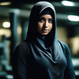 A strong Malay woman wearing a hijab, showcasing her bodybuilding physique, is depicted in a dark and eerie gym setting