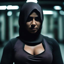 A strong Malay woman wearing a hijab, showcasing her bodybuilding physique, is depicted in a dark and eerie gym setting