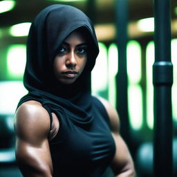 A strong Malay woman wearing a hijab, showcasing her bodybuilding physique, is depicted in a dark and eerie gym setting