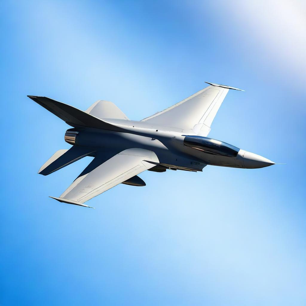 A highly detailed image of a modern fighter jet soaring through the sky with a clear blue background