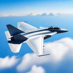 A highly detailed image of a modern fighter jet soaring through the sky with a clear blue background