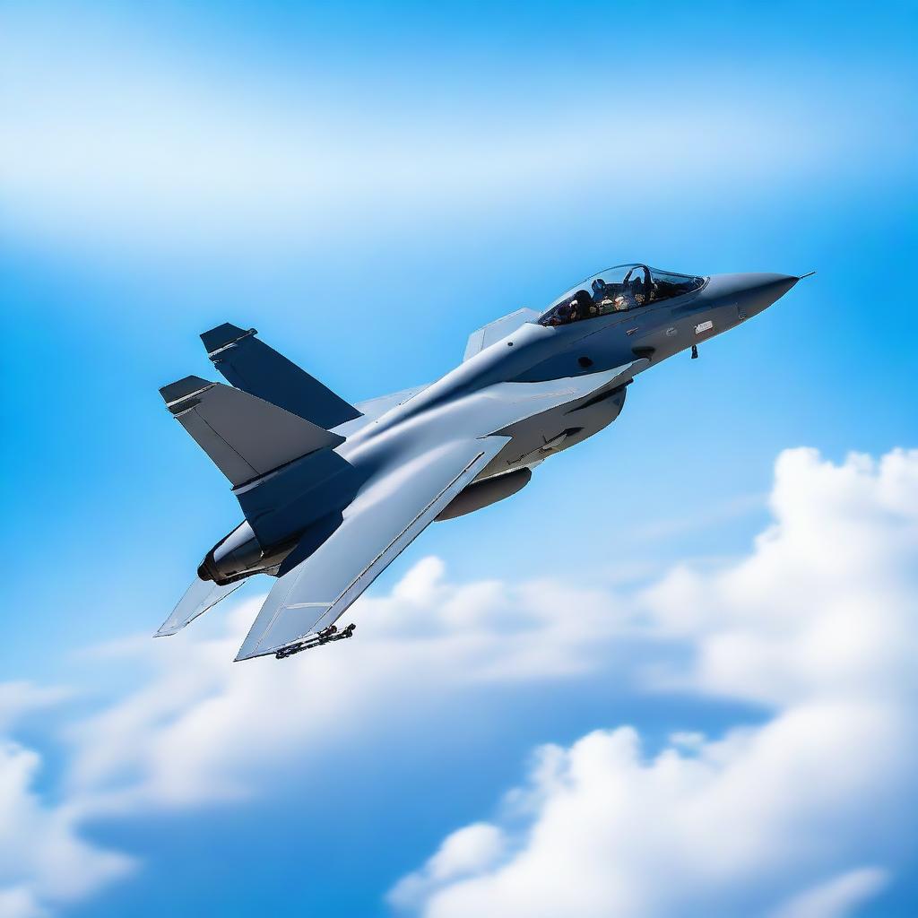 A highly detailed image of a modern fighter jet soaring through the sky with a clear blue background