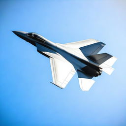 A highly detailed image of a modern fighter jet soaring through the sky with a clear blue background