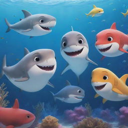 Image of sea creatures intently listening as the cherished tale of Finley, the adventurous baby shark is retold. The scene is full of excitement and inspiration, reminding creatures of the treasures that come from daring exploration of the unknown.