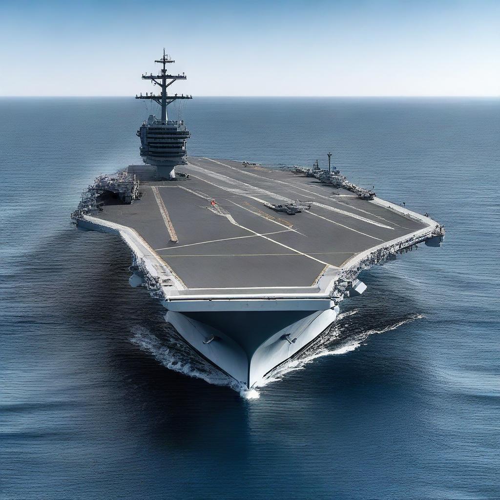 A highly detailed image of a futuristic aircraft carrier on the ocean