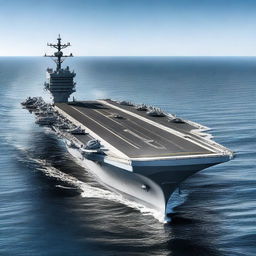 A highly detailed image of a futuristic aircraft carrier on the ocean