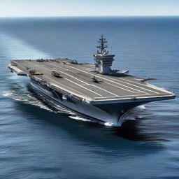 A highly detailed image of a futuristic aircraft carrier on the ocean