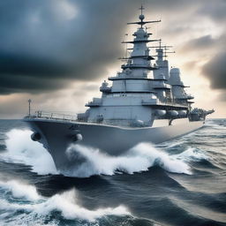 A highly detailed image of a battleship sailing through the ocean