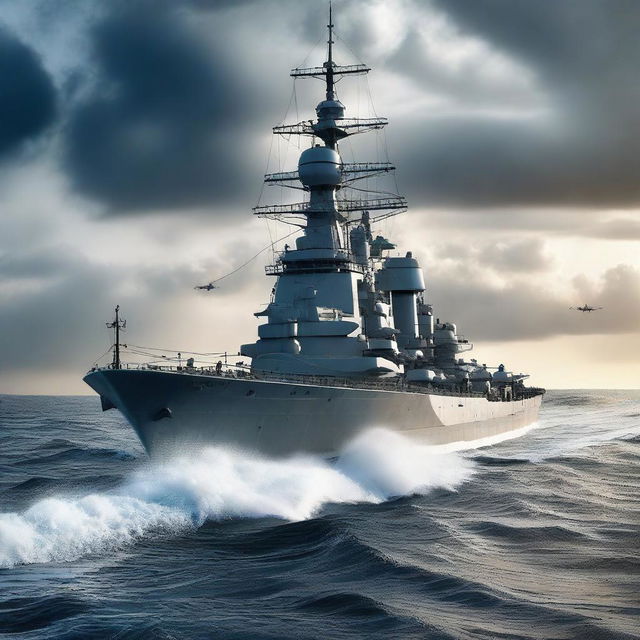 A highly detailed image of a battleship sailing through the ocean