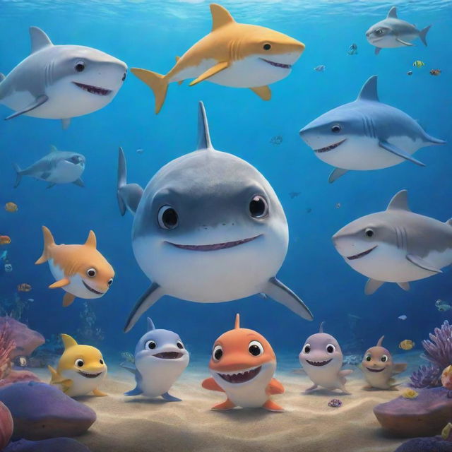 Image of sea creatures intently listening as the cherished tale of Finley, the adventurous baby shark is retold. The scene is full of excitement and inspiration, reminding creatures of the treasures that come from daring exploration of the unknown.