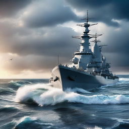 A highly detailed image of a battleship sailing through the ocean