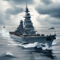 A highly detailed image of a World War II battleship sailing through the ocean